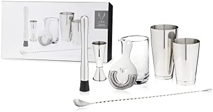 Bartender Kit for Mixed Drinks and Cold Brew Cocktails, Includes Boston Cocktail Shakers, Mixing Glass, Jigger, Muddler, Strainer, Bar Spoon for Home Bar, Gifts for Men, Bartender Gifts, 7-Piece