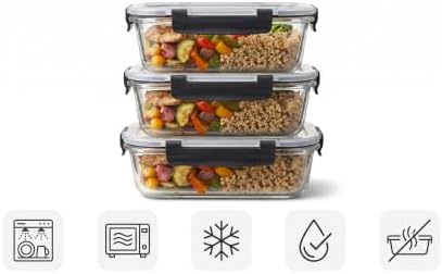 Glass Storage Containers with Lids Set of 3 | Clip-Lock Tempered Glass | Microwave Dishwasher Freezer Safe