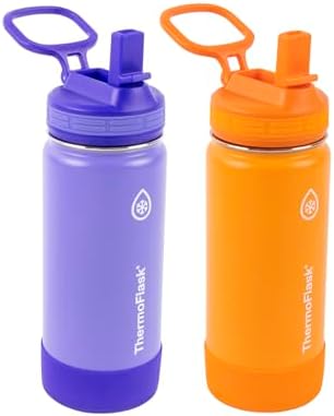 Kids 16 oz Insulated Water Bottles with Straw Lid BPA-Free Stainless Steel Leakproof & Spill-Proof Design Easy Clean Wide Mouth 2-Pack for School, Sports, Playdates, Purple/Orange