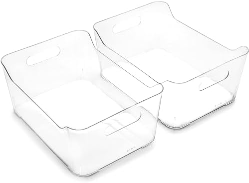 Plastic Storage Bins, Large - 2 Pack, Clear | THE SOHO COLLECTION | Pantry Organizers and Storage Containers | Fridge Organizer Bins | Kitchen Cabinet Organizer | Medicine Cabinet Bin