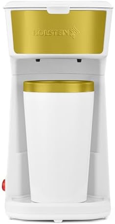 Holstein Housewares Personal Coffee Maker with 14oz Travel Mug – Compact One-Touch Brew Machine with Reusable Filter, Auto Shut-Off, Non-Stick Plate, Ideal for Home, Office, or Dorm. White & Gold by HolsteinHousewares