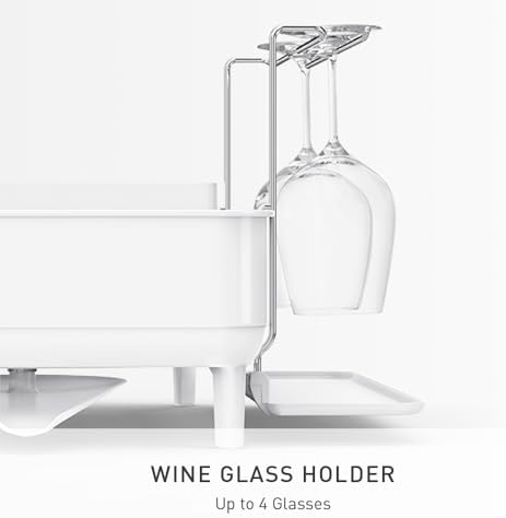 simplehuman Steel Frame Dishrack, Large Capacity Dish Drying Rack, 360º Easy Drain Swivel Spout, Utensil & Wine Glass Holder, Anti-Residue Coating, Moisture Control Surface, White