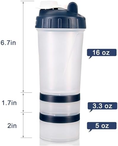 Hydro2Go 16oz Protein Shaker Bottle with Shaker Ball and 2 Storage Jars | BPA-Free Plastic Cup with Clear Measurement Scale | Perfect for Protein Mixes and Pills | Portable Pre-Workout Drink Cup（Navy） - Image 3