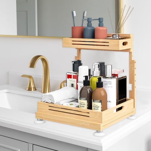 Under Sink Organizer, Pull Out Cabinet Organizer, 2 Tier Slide Out Sink Shelf Cabinet Storage Shelves, Storage for Kitchen Bathroom, Natural Premium Bamboo Wood