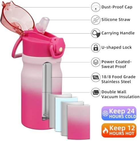 BJPKPK 14 oz Insulated Water Bottle, Straw, Handle, Stainless Steel Flask - Image 2