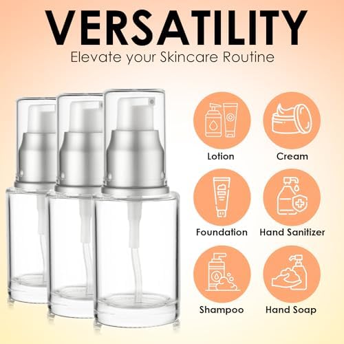 VitalUp Clear Glass Pump Bottle (6-Pack) 1 Oz 30ml - Refillable, Silver Cap - Image 2