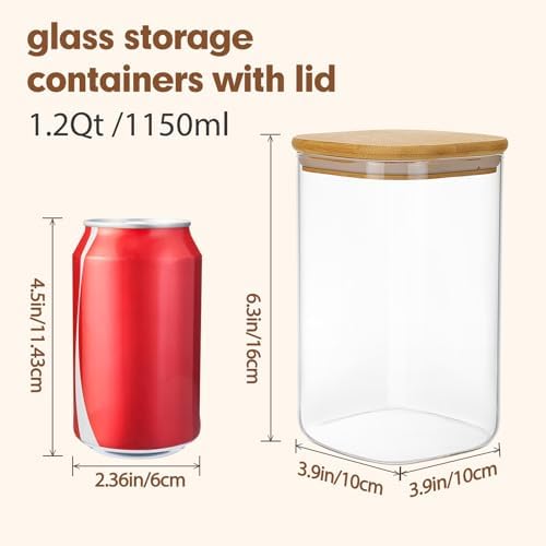 6pcs Glass Food Storage Containers with Lids, 1.2qt Glass Jars