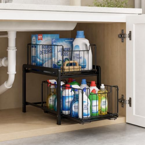 2 Tier Black Under Sink Organzier With Sliding Drawer