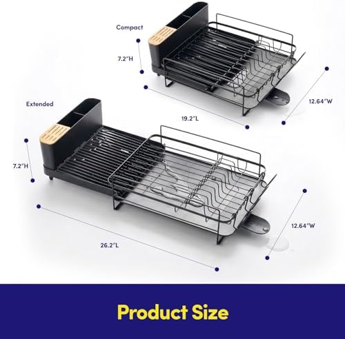 Dish Drying Rack Countertop Expandable Dish Drainer — Up to 26.7" Telescoping Extending Drying Station Organizer with Drainboard & Removable Utensil Holder — Dish, Silverware & Cup Storage, Black
