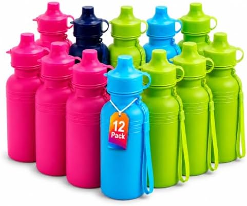 Bulk Water Sports Bottles for Kids 18 oz - 12 Pack Squeeze Reusable Plastic, Neon Colors, BPA Free, Water Bottles Party Favor Gift Giveaways, School Water Bottles
