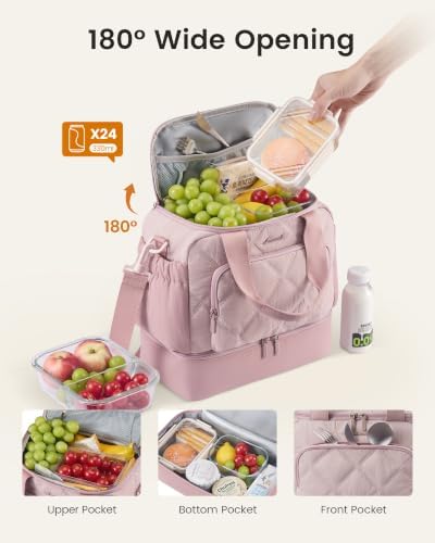 Insulated Lunch Bags for Women, Double Deck Pink Lunch Box
