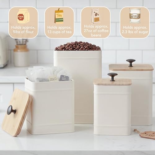 Kitchen Canisters, Airtight Canister Sets for Kitchen Counter, Kitchen Canisters for Countertop Set of 4, Coffee Tea Sugar Flour Spice Tin Jars Food Storage Container with Lid(White)