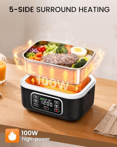 APP Control Cordless Electric Heated Lunch Box for Adults, 6.3 Cup 27000mAh Rechargeable Smart Self Heating Lunchbox, 100W Fast Heating Portable Food Warmer for Men Women Worker, Truckers, Offices