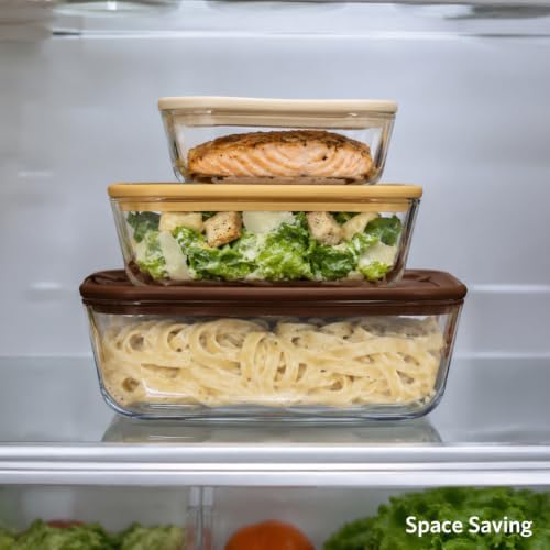 Glass Food Storage Containers, Set of 3 - Airtight Vacuum Sealed Steam Vent Lids - Square Borosilicate Glass Dishes with Ombre Green Lids - Assorted Sizes for Meal Prep & Leftovers, Brown