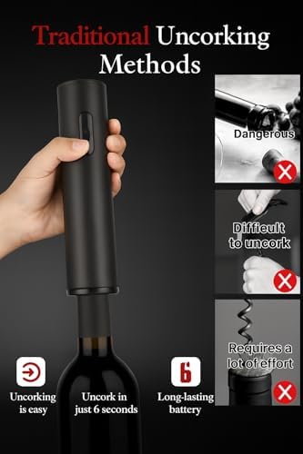 5 in 1 AA Battery Operated Electric Wine Opener Set – Automatic Wine Bottle Opener with Storage Base, Vacuum Stopper, Foil Cutter & Aerator Pourer and Easy Cork Removal