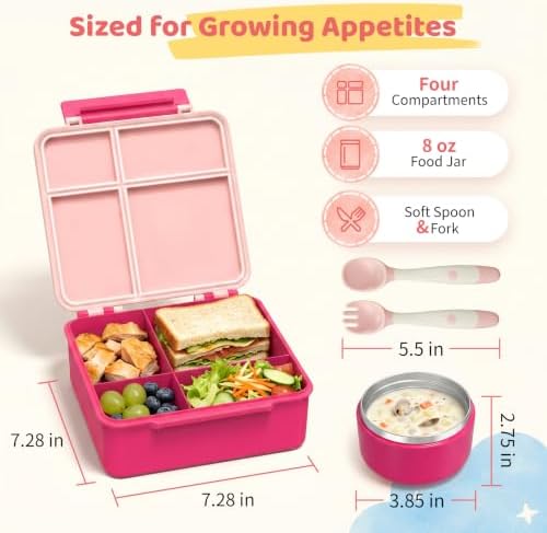 Bento Lunch Box with 8oz Soup Thermo, Kids Leakproof Lunch Food Containers with 4 Compartment, Kids Thermo Insulated Hot Food Jar for School, Trvael - (Pink)