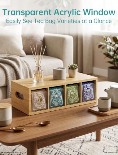 Bamboo Tea Bag Organizer with 4 Clear Acrylic Drawers and Top Tray