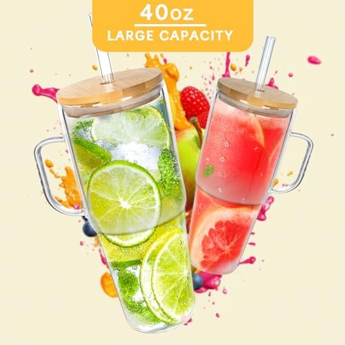 Glass Cups With Lids And Straws, Leakproof Tumbler Mason Jar Coffee Cup, Cap Cup Leak-Proof with Straw, Reusable Iced Coffee Smoothie Matcha Cup Aesthetic Coffee Gifts Women