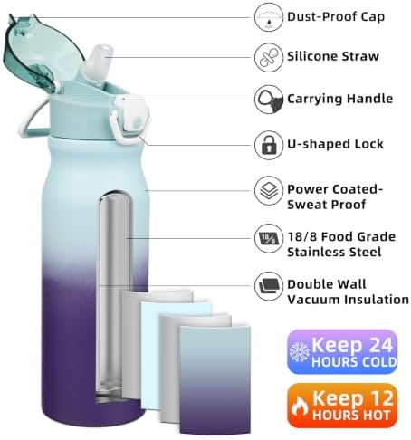 BJPKPK 25 oz Insulated Water Bottle, Straw, Handle, Stainless Steel Flask - Image 2