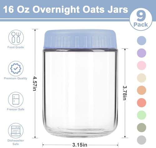 Overnight Oats Containers with Lids, 16oz Wide Mouth Mason Jars with Lids, 9 Pack Glass Jars with Airtight lid for Chia Pudding Yogurt Salad, Meal Prer Oatmeal Jars