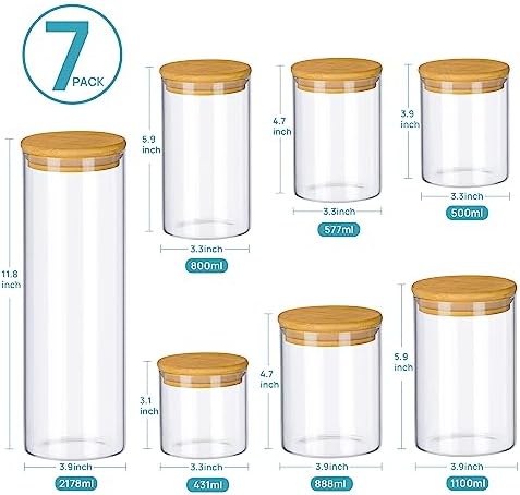 Glass Food Storage Jars, 7 Pack Kitchen Containers with Airtight Bamboo Wooden Lids for Pasta, Cookies, Nuts, Coffee Beans, Cereal, Canisters Set for Flour, Pantry Organization, BPA Free