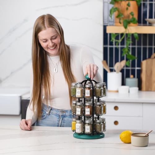 Adrinova 24 Jar Rotating Spice Rack with Spices Included & 5-Year Spice Refill Program – Revolving Countertop Spice Rack with Glass Jars
