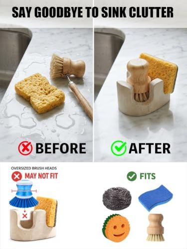 Travertine Sponge Holder for Kitchen Sink, 2-in-1 Sponge & Brush Holder, 2 Slot Natural Stone Sink Caddy for Countertop, Keeps Countertops Dry, Non-Slip Base, Elegant Kitchen Decor, Beige