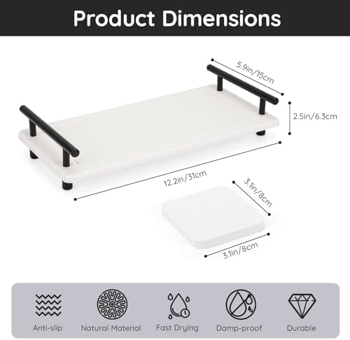 12x6in Fast Drying Sink Caddy, Stone Drying Mat for Kitchen Counter, Bathroom Vanity Tray Diatomaceous Earth Stone Coasters Sponge Holder Soap Drying Rack Water Absorbing Stone Tray for Sink