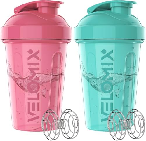 VELOMIX 2 Pack 20oz Protein Shaker Bottle for Protein Mixes, Pink/Turquoise by VELOMIX