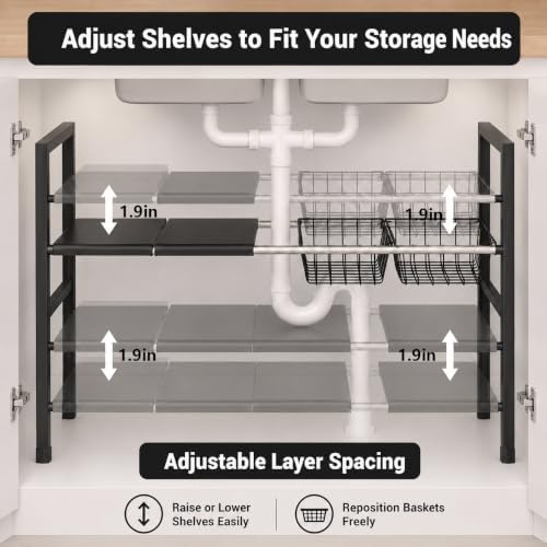 Expandable Under Sink Organizer, 2 Tier Under Sink Shelf, Height Adjustment, Under Sink Shelves with 3 Removable Baskets and 3 Removable Panels for Bathroom Kitchen Pantry Cabit black 21.65in