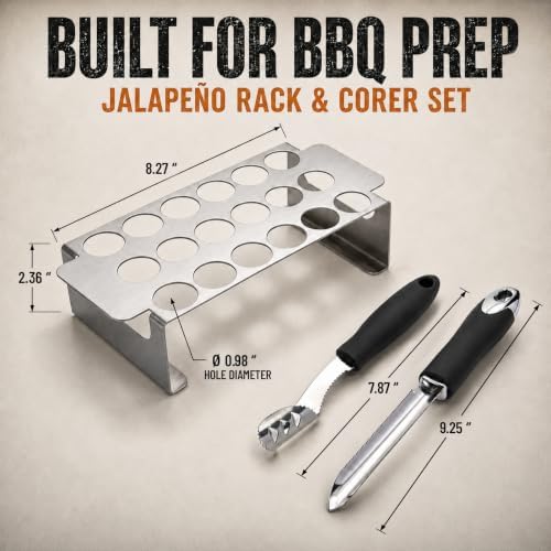 18-Hole Jalapeno Pepper Grill Rack with Corer Set – Stainless Steel Roasting Tray for Oven & BBQ, Includes 2-Piece Pepper & Zucchini Corer Tool, Dishwasher Safe