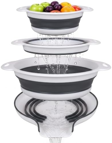 3-Pack Collapsible Colander for Kitchen with Self-Draining Base,Grey
