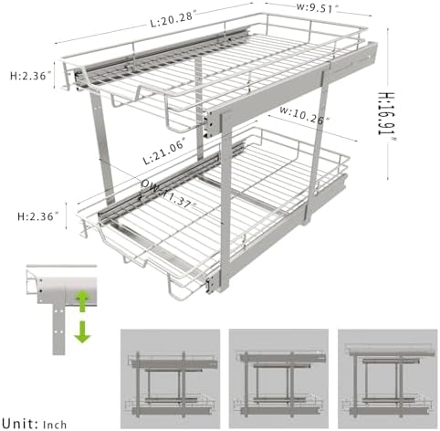 Pull Out Cabinet Organizer 11.5" W x 21" D, 2-Tier Kitchen Cabinet Pullout Shelf and Drawer Organizer Slide Out Pantry Storage Basket, 10.2" W x 21" D x 2.4" H for Bottom Basket Size