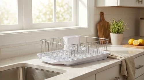 Classic Large Rust Resistant Full Dishrack with Removable 3 Compartment Flatware Caddy, Andlged Drain Board, 3-Piece, White