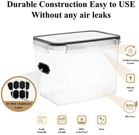 Airtight Food Storage Containers Cereal & Dry Food Storage Container Set of 6(Black Lid), Leak-proof & BPA Free, With 1 Measuring Cup & 20 Chalkboard Labels & 1 Chalk Marker