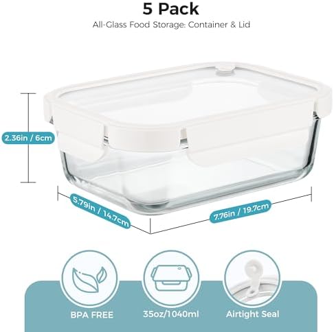 5 Pack Glass Food Storage Containers with Glass Lids & Air Vent