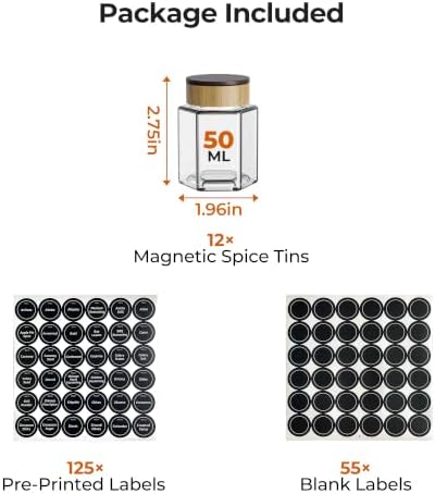 Set of 12 magnetic glass spice tins with 180 seasoning label stickers