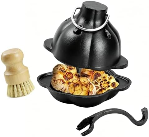 Cast Iron Garlic Roaster with Ring Handle and Cleaning Brush, Food Grade Garlic Baker for Oven and Outdoor Grill, Heavy Duty Roasting Pot for Gourmet Cooking and BBQ Enthusiasts