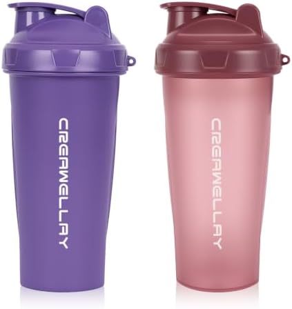 2 Pack Protein Shaker Bottle, 28 oz Protein Shaker Cup with Wire Shaker Ball for Pre Workout, Shake Bottle with Carrying Handle, BPA-Free & Dishwasher Safe (Pink, Purple) by CREAWELLAY