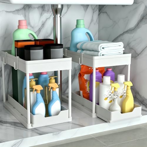 Cabinet, 2 Pack Under Sink Organizer, 2 Tier Sliding Bathroom Kitchen Organizer, Large White ABS Baskets, Easy Install & Clean