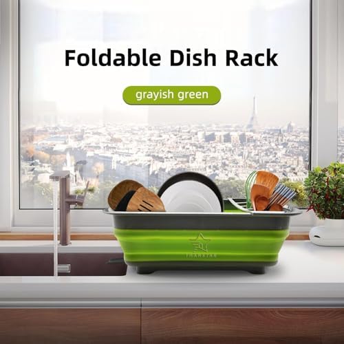 Collapsible Dish Drying Rack for RV Campers Portable Dinnerware Drainer Organizer for Kitchen Travel Trailer-Green