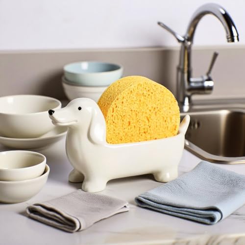 Ceramic Dachshund Shaped Sponge Holder for Kitchen Sink Counter, Sponge Rack, Sink Caddy Organizer
