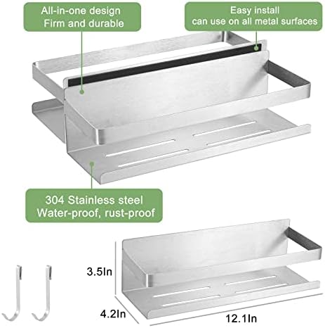 Magnetic Spice Rack for Refrigerator Spice Organizer, Strong Magnetic Shelf with 2 Removable Hooks Space Saver for Refrigerator and Microwave Oven, Metal Fridge Shelf(1 pack Silver)