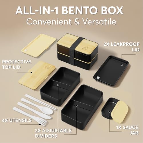 Bento Box Adult All-In-1 w/4 Utensils, Big Sauce Jar, 2 Dividers, 100% Leakproof, Microwave & Dishwasher Safe, Stackable Bento Lunch Box Containers for Men/Women, Matte Black, 40 oz