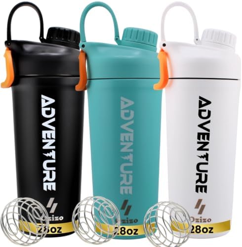 Ozizo 3 Pack Stainless Steel Protein Shaker Bottle, Insulated Shaker Cup for Protein Mixes, 28oz, Leak Proof, BPA-Free (Mixed Three Colors (28oz)) by Ozizo