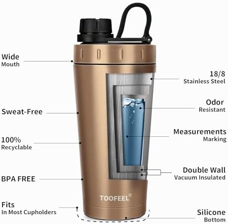 TOOFEEL Insulated Protein Shaker Bottle - 20 oz Stainless Steel Shaker Cups for Protein Shakes, Stays Cold/Hot, Double Walled Vacuum Metal Protein Shaker, BPA Free Leakproof Gym Shaker Bottle - Image 5