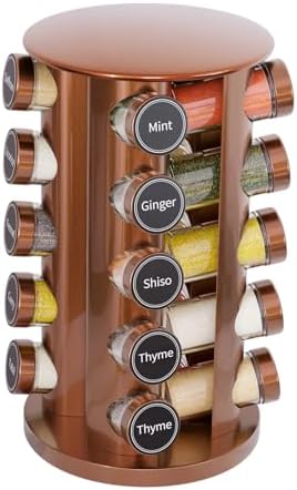 Revolving Spice Rack Set with 20 Spice Jars, Kitchen Spice Tower Organizer for Countertop or Cabinet - Carousel Storage Includes 386 Spice Labels (Gold)