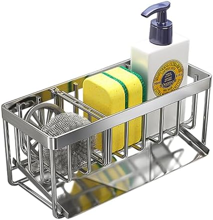 Sink Caddy Sponge Holder for Kitchen, 18/8 Stainless Steel Self Drain Tray, Soap holder with Divider(Silver)