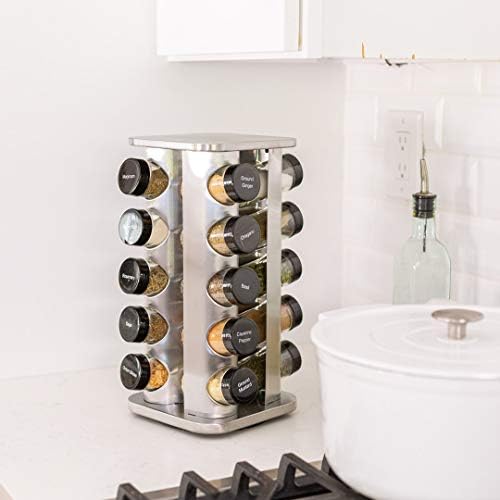 20 Jar Rotating Spice Rack with Spices Included & 5-Year Free Spice Refill Program – Stainless Steel Countertop Spice Rack with 3 oz Glass Jars