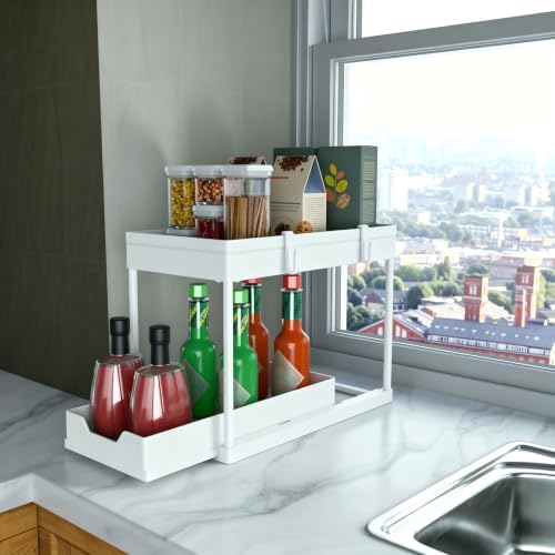 Cabinet, 2 Pack Under Sink Organizer, 2 Tier Sliding Bathroom Kitchen Organizer, Large White ABS Baskets, Easy Install & Clean